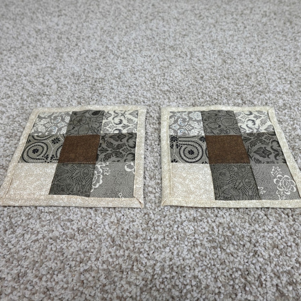 Handmade Quilted 9 Patch Mug Rug Set 2 Cream Grey Brown Cotton Coasters 6x6.5